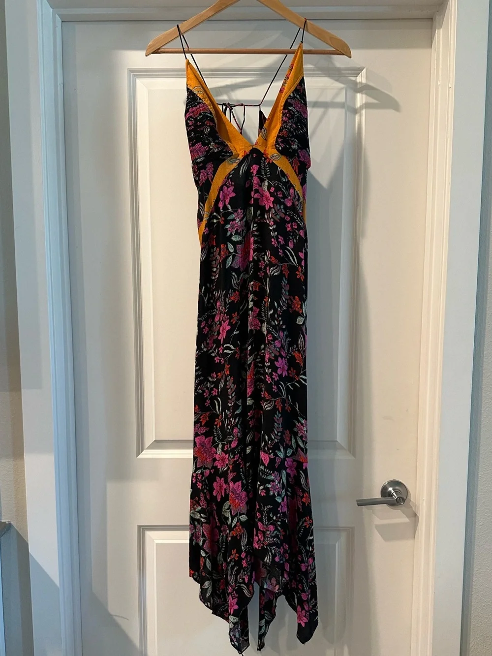 Free People Black Maxi Floral Slip Dress with Pink & Orange Trim Large